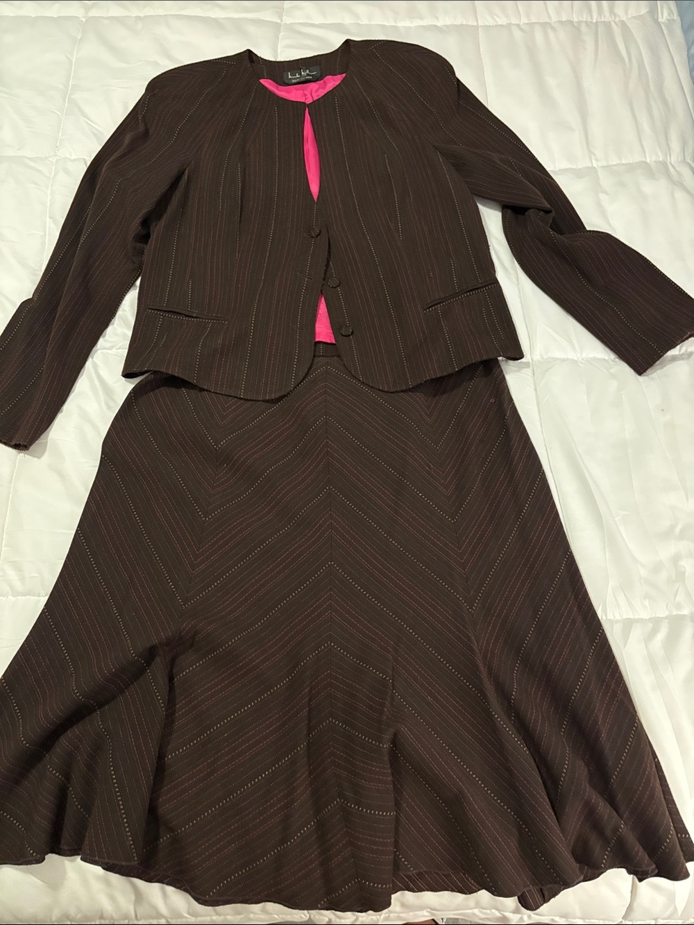 Nicole Miller Brown Pinstripe Skirt Suit with Pink Lining